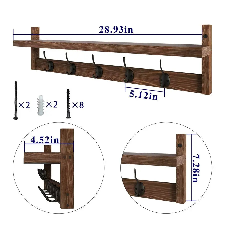 Wood Wall Mount Coat Rack With Shelf And Five Hooks