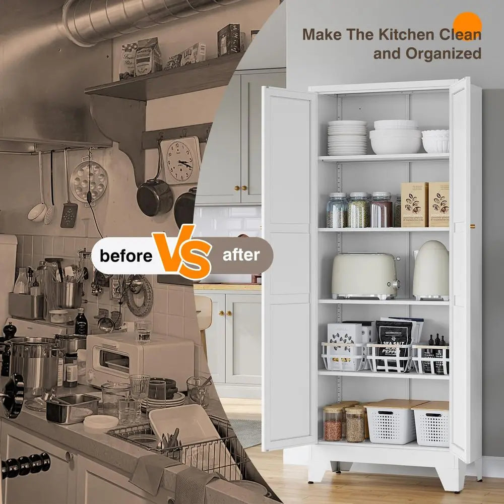 Metal Kitchen Pantry Cabinet With 2 Doors And 4 Adjustable Shelves