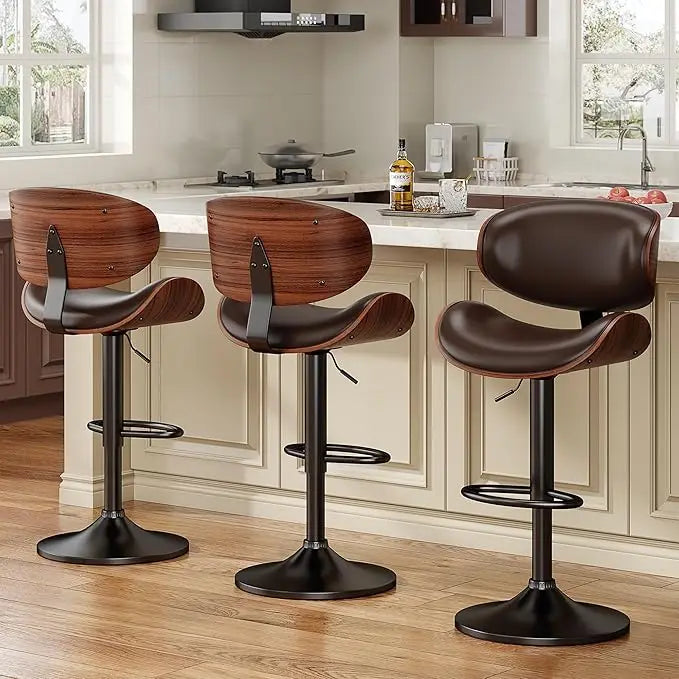 Bar Stools Set Of 3 Bentwood Adjustable PU Leather Swivel