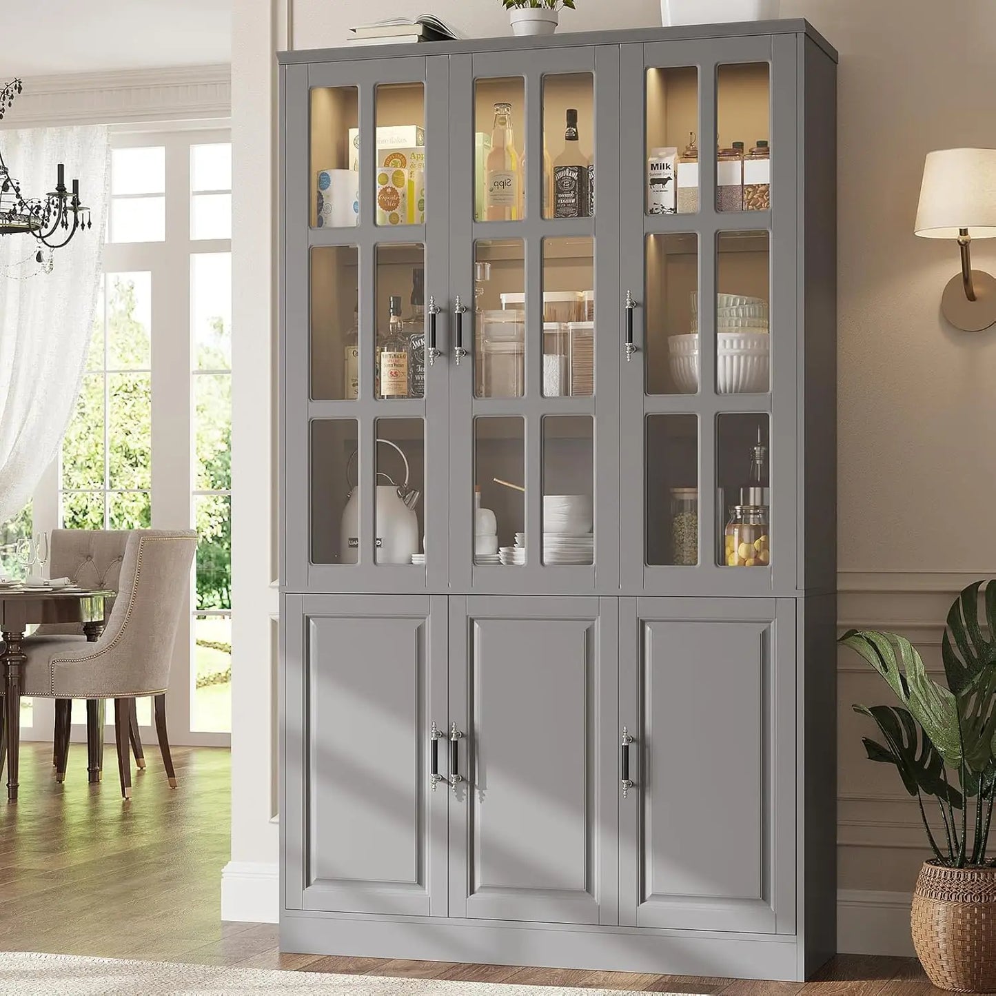 Kitchen Pantry Cabinet With LED Lights And Glass Doors