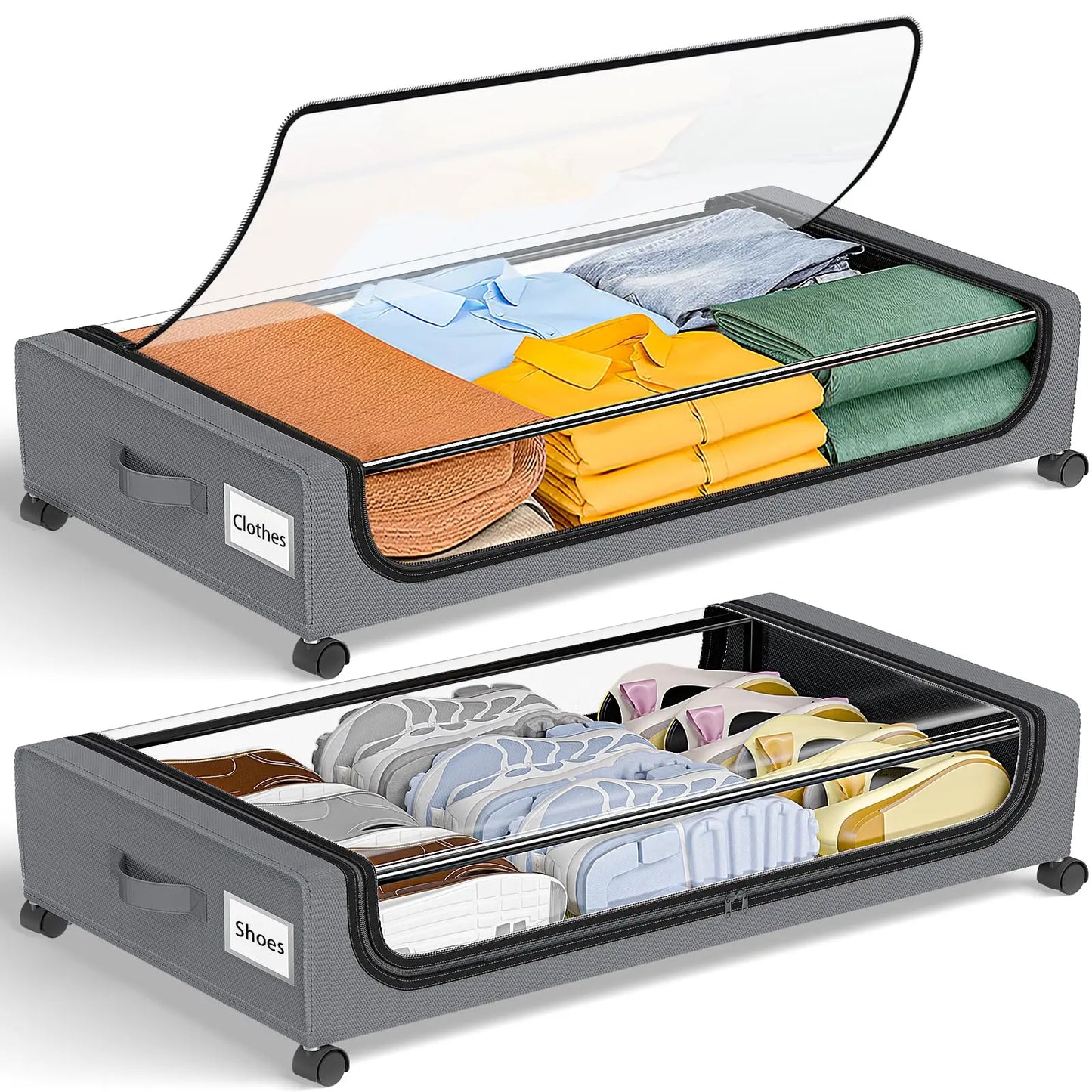 Under Bed Storage Bins With Wheels, 2-Pack, Clear Lids