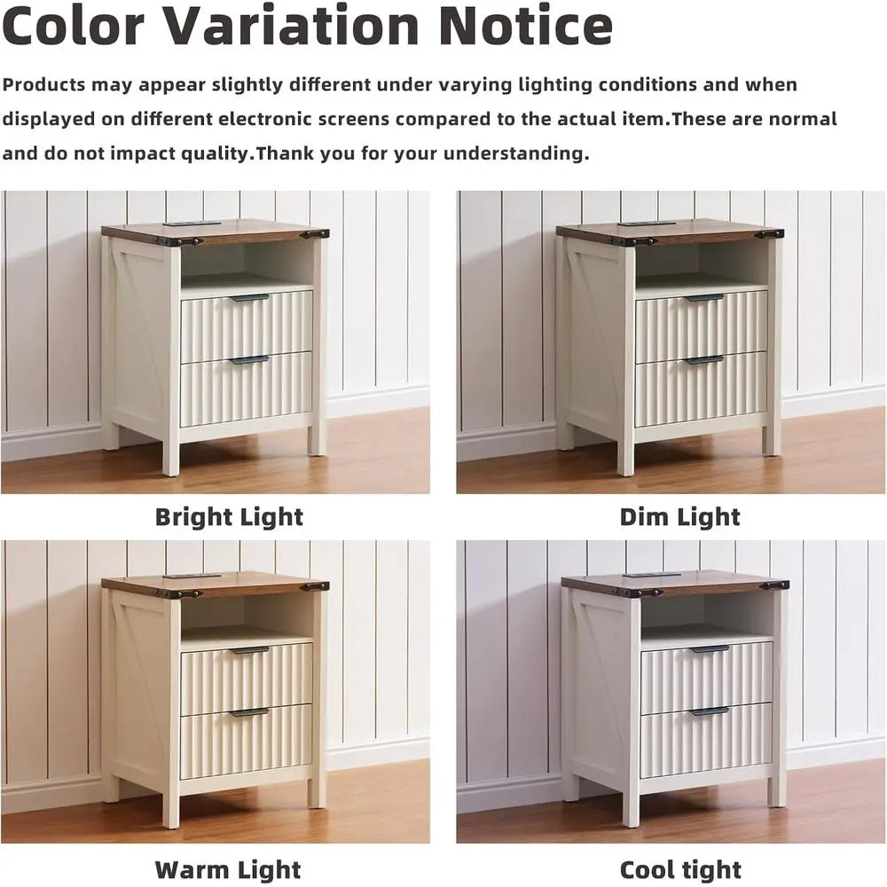 Fluted Nightstand With Charging Station Farmhouse End Table Pair