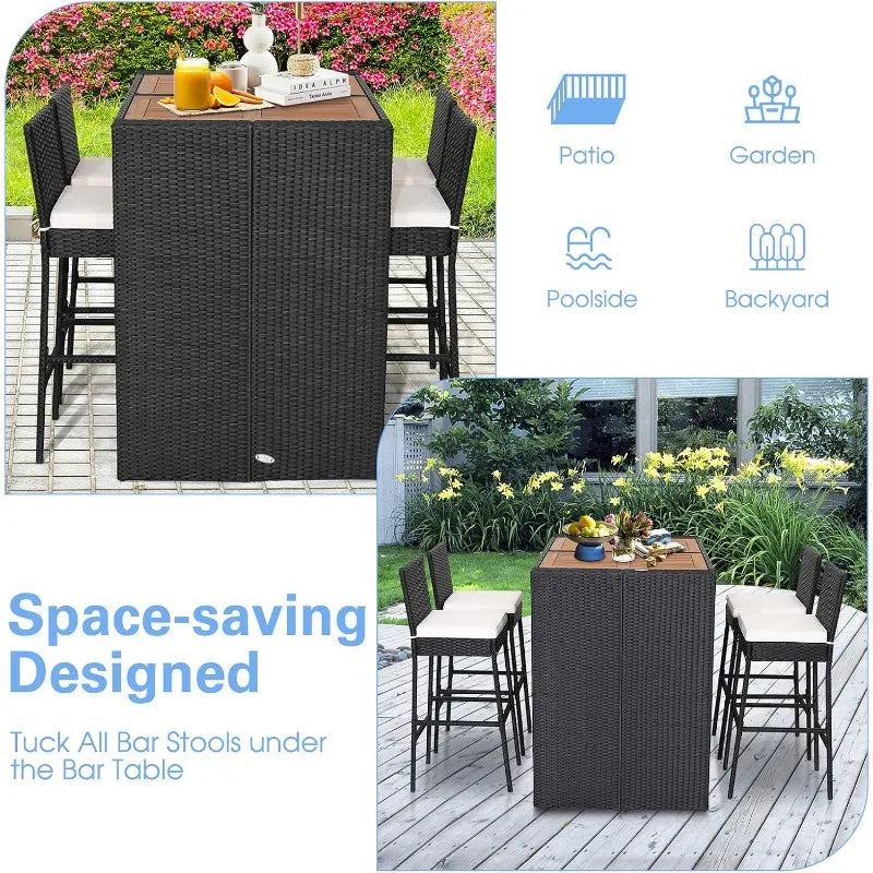 Tangkula 5 Piece Patio Wicker Bar Set With Acacia Wood Table And 4 Rattan Stools