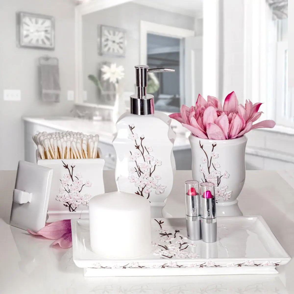 Cherry Blossom White Bathroom Accessories Set 4 Piece