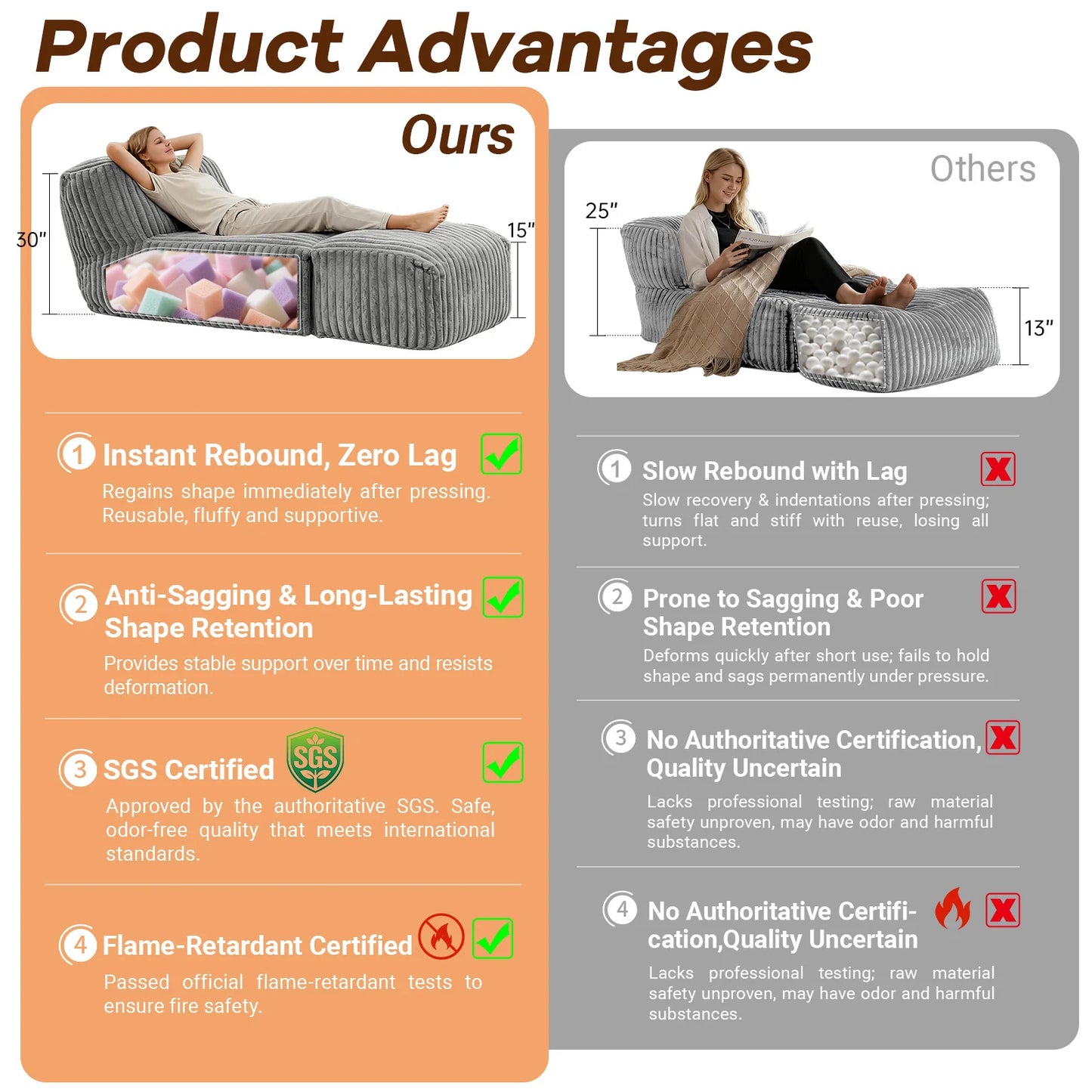 Memory Foam Bean Bag Lounger Chair For Adults Living Room