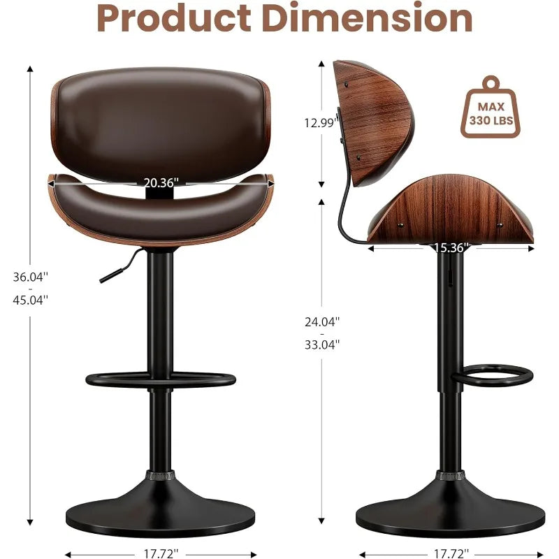 Bar Stools Set Of 3 Bentwood Adjustable PU Leather Swivel