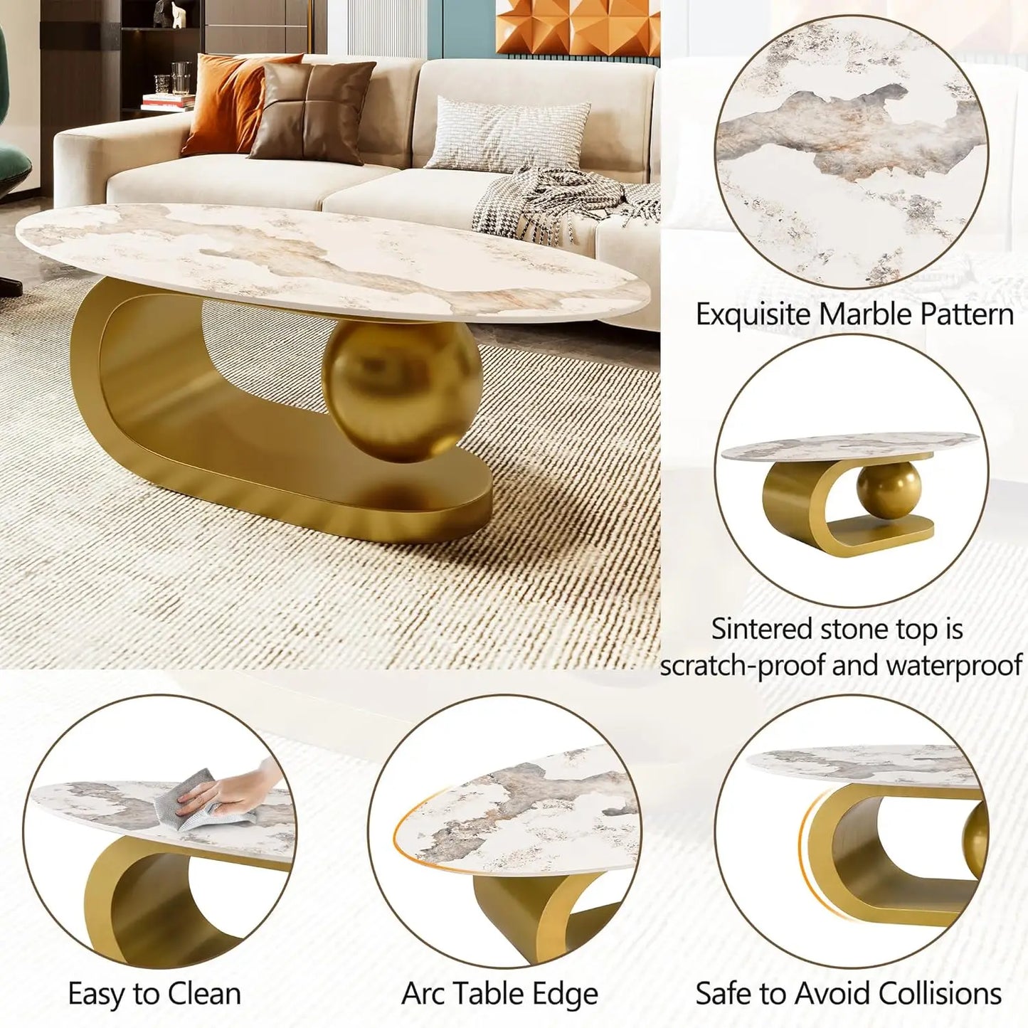 Oval Marble-Pattern Sintered Stone Coffee Table With Metal Base