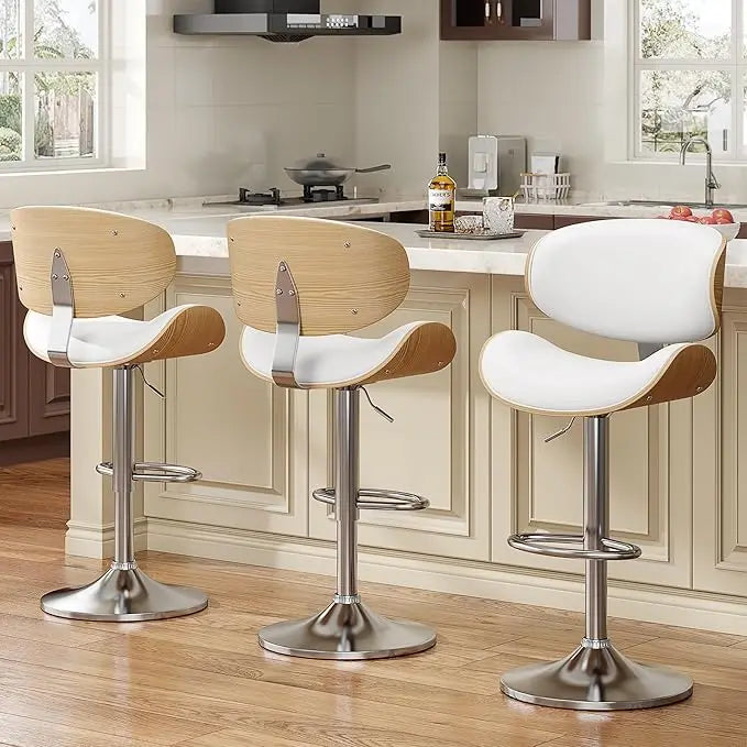 Bar Stools Set Of 3 Bentwood Adjustable PU Leather Swivel