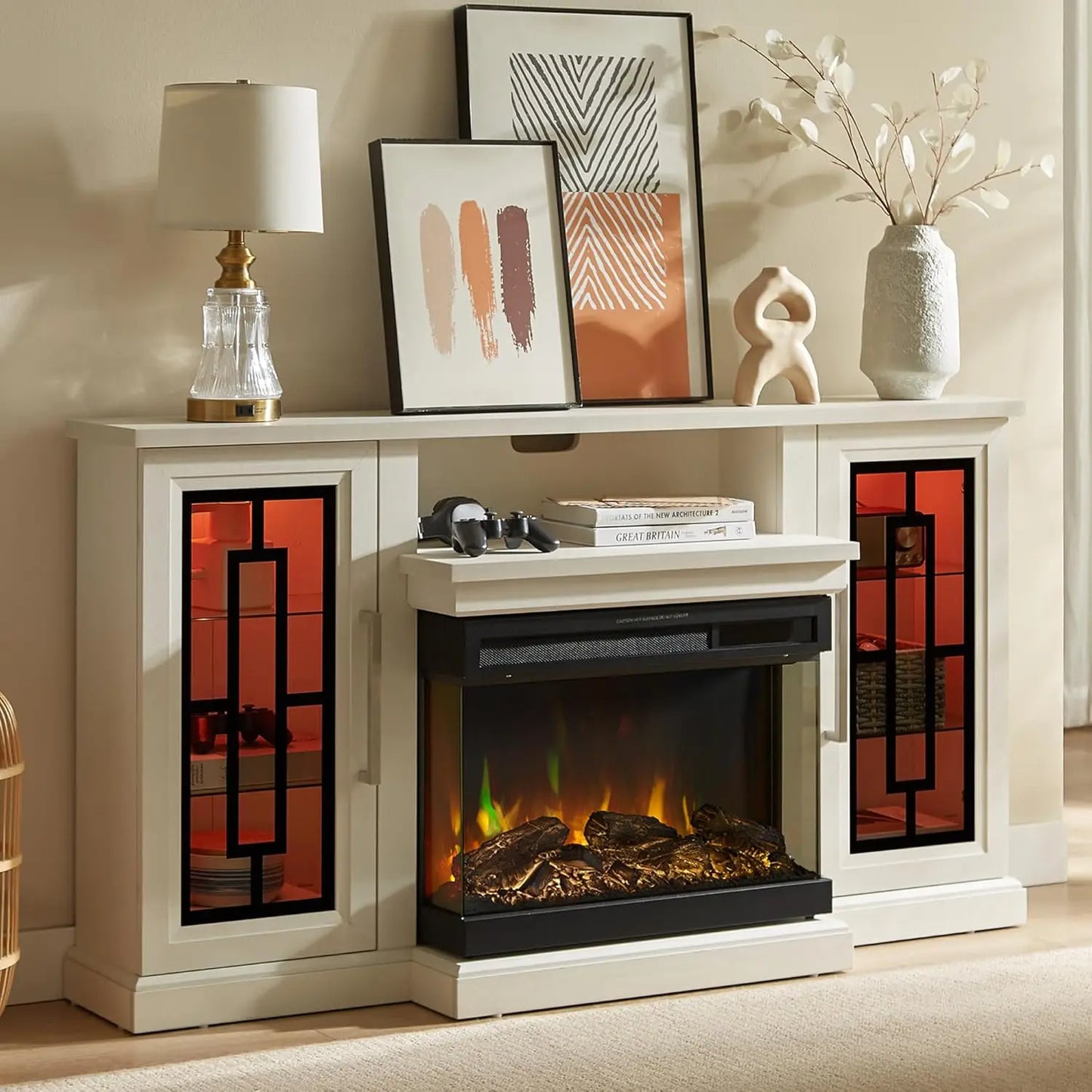 Electric Fireplace TV Stand With Glass LED Media Center