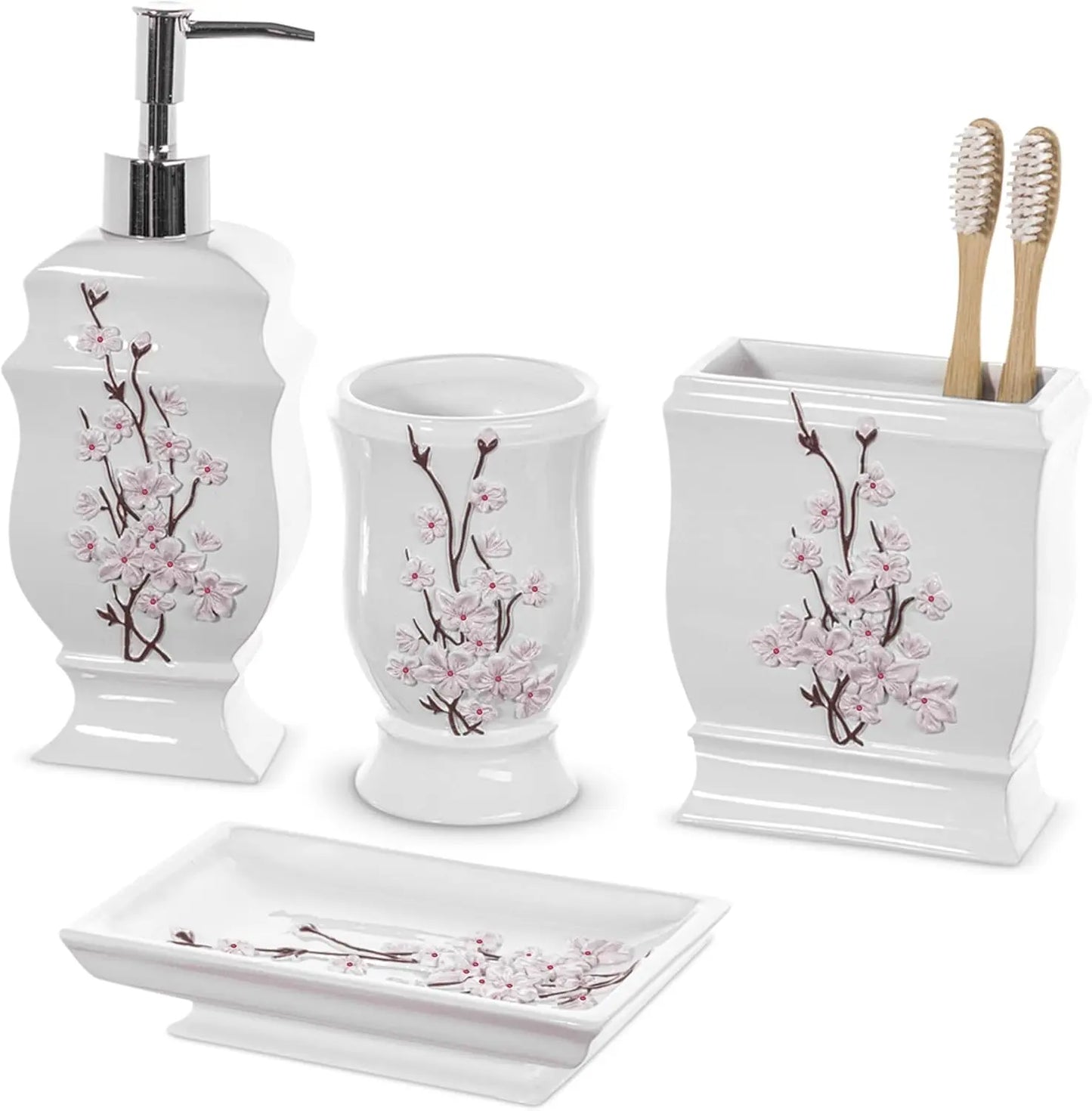 Cherry Blossom White Bathroom Accessories Set 4 Piece