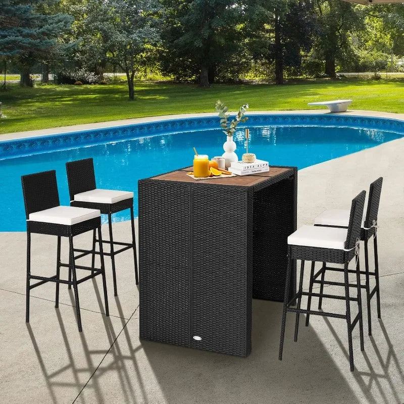 Tangkula 5 Piece Patio Wicker Bar Set With Acacia Wood Table And 4 Rattan Stools