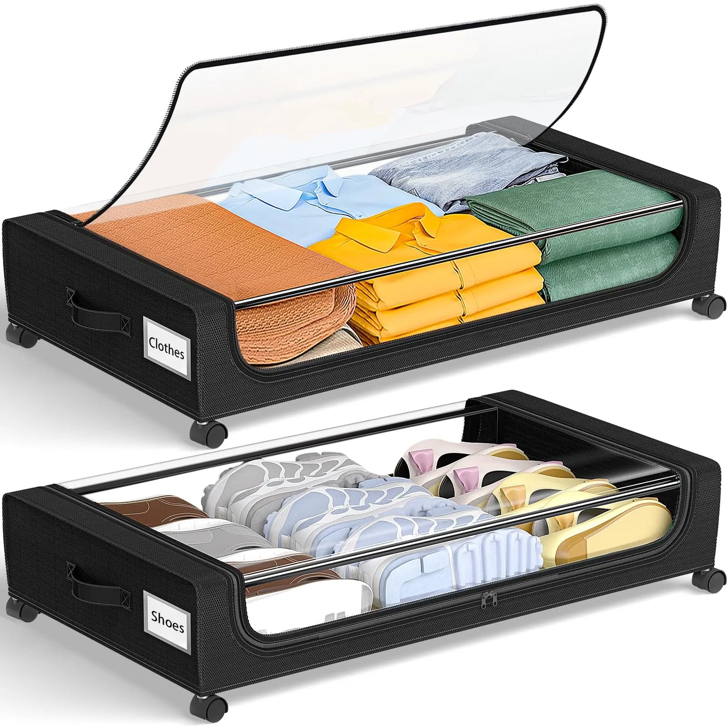 Under Bed Storage Bins With Wheels, 2-Pack, Clear Lids