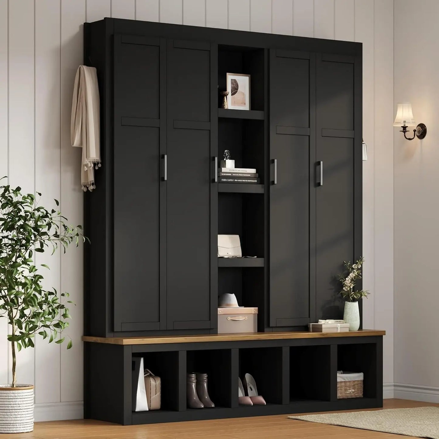 Hall Tree With Hidden Hooks Coat Rack And Shoe Storage