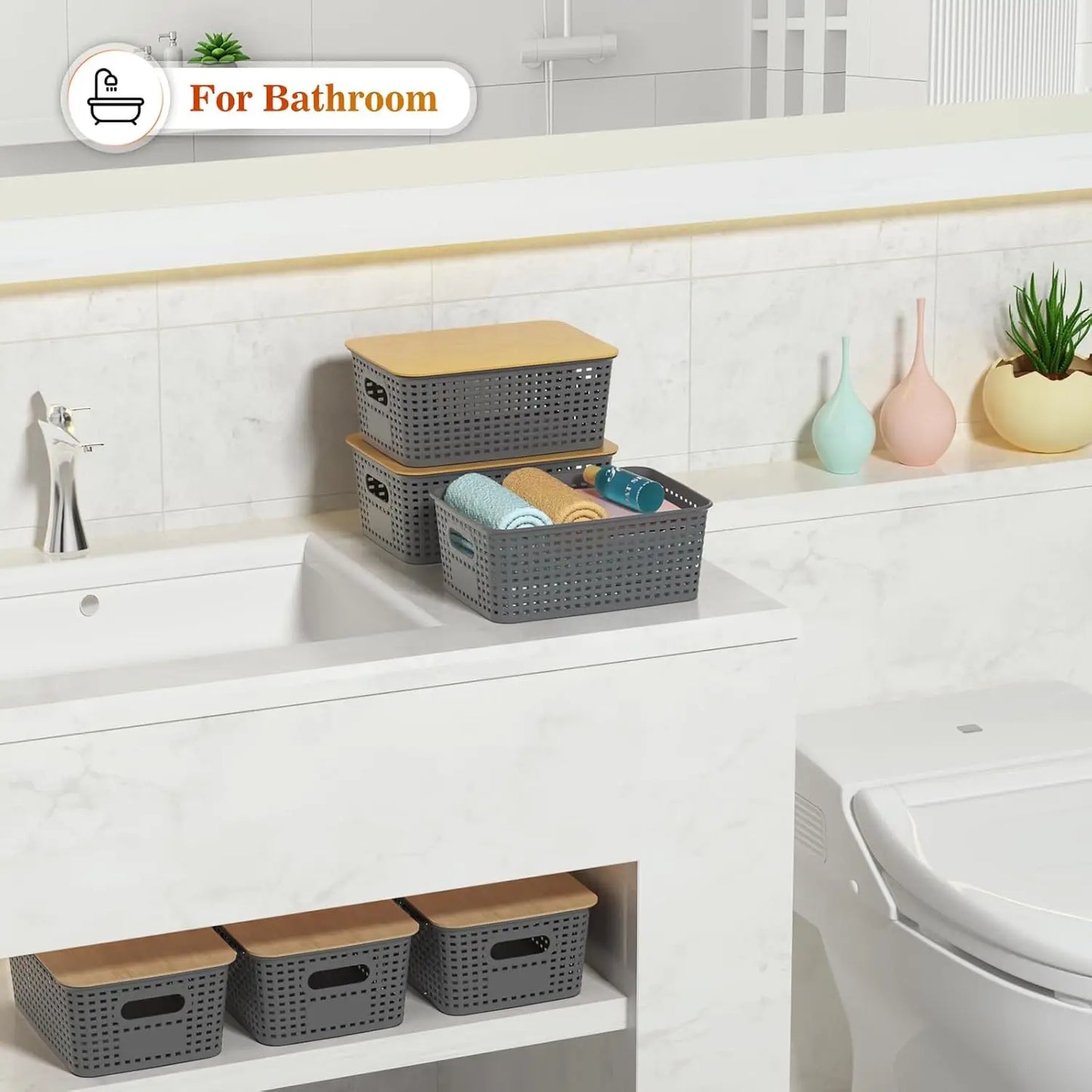 NONECN Bamboo Lid Plastic Storage Baskets Stackable