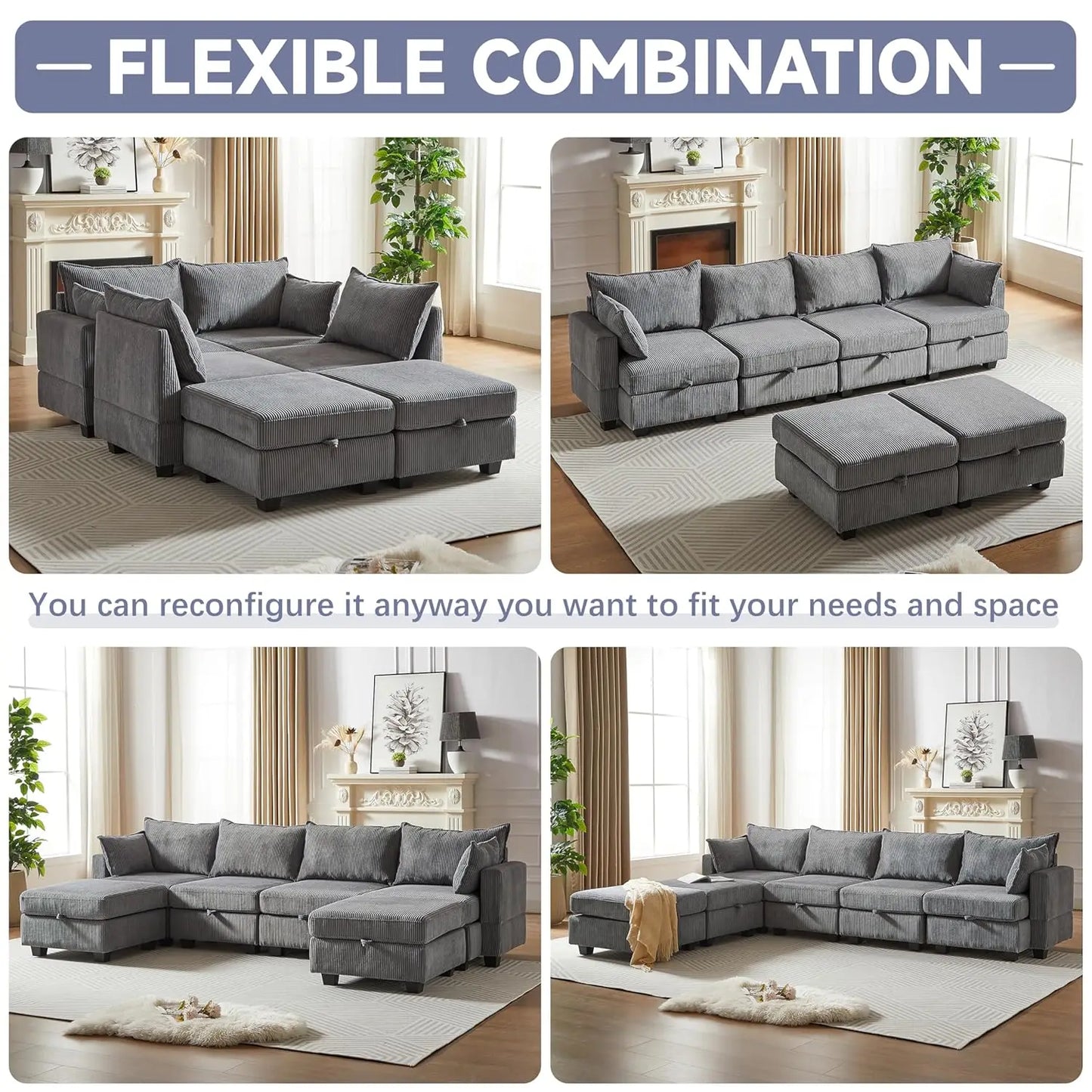 Modular U-Shaped Sectional Sofa With Storage Ottoman