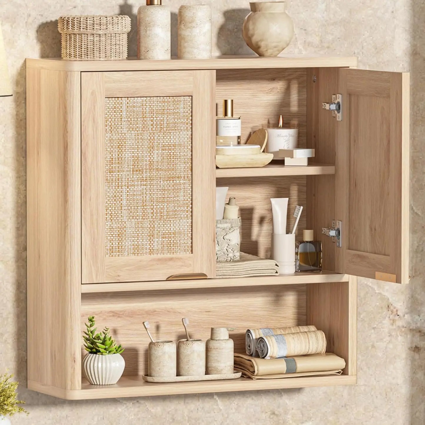 Rattan Boho Bathroom Wall Cabinet Over Toilet Storage