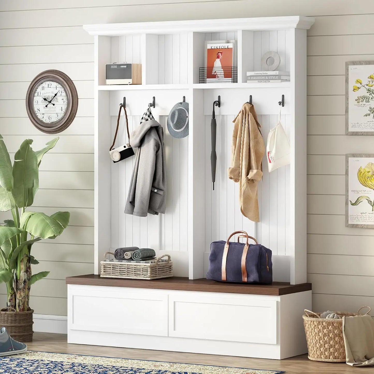Hall Tree With Hidden Hooks Coat Rack And Shoe Storage