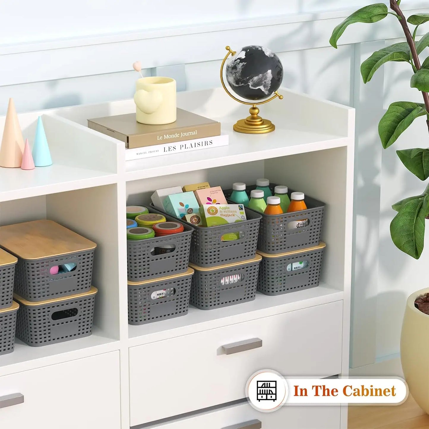 NONECN Bamboo Lid Plastic Storage Baskets Stackable