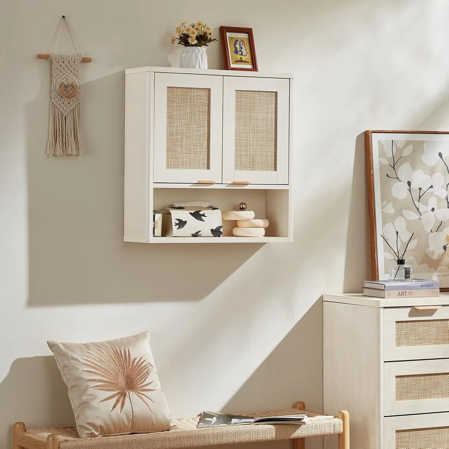 Rattan Boho Bathroom Wall Cabinet Over Toilet Storage