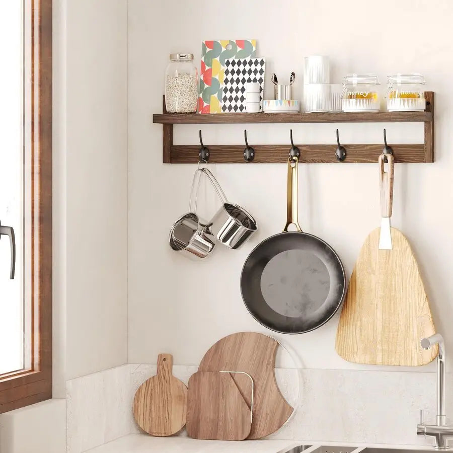 Wood Wall Mount Coat Rack With Shelf And Five Hooks