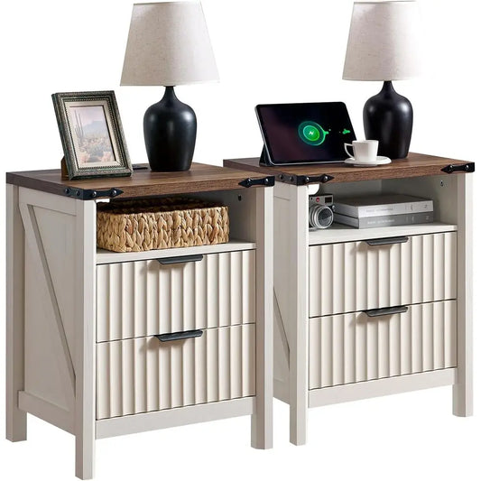 Fluted Nightstand With Charging Station Farmhouse End Table Pair