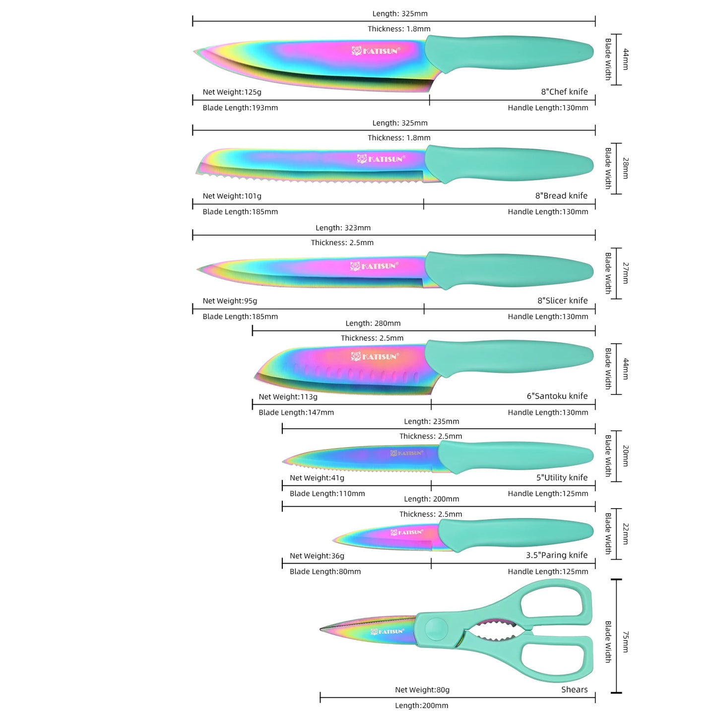 Katisun 13 Piece Rainbow Kitchen Knife Set With Blade Covers
