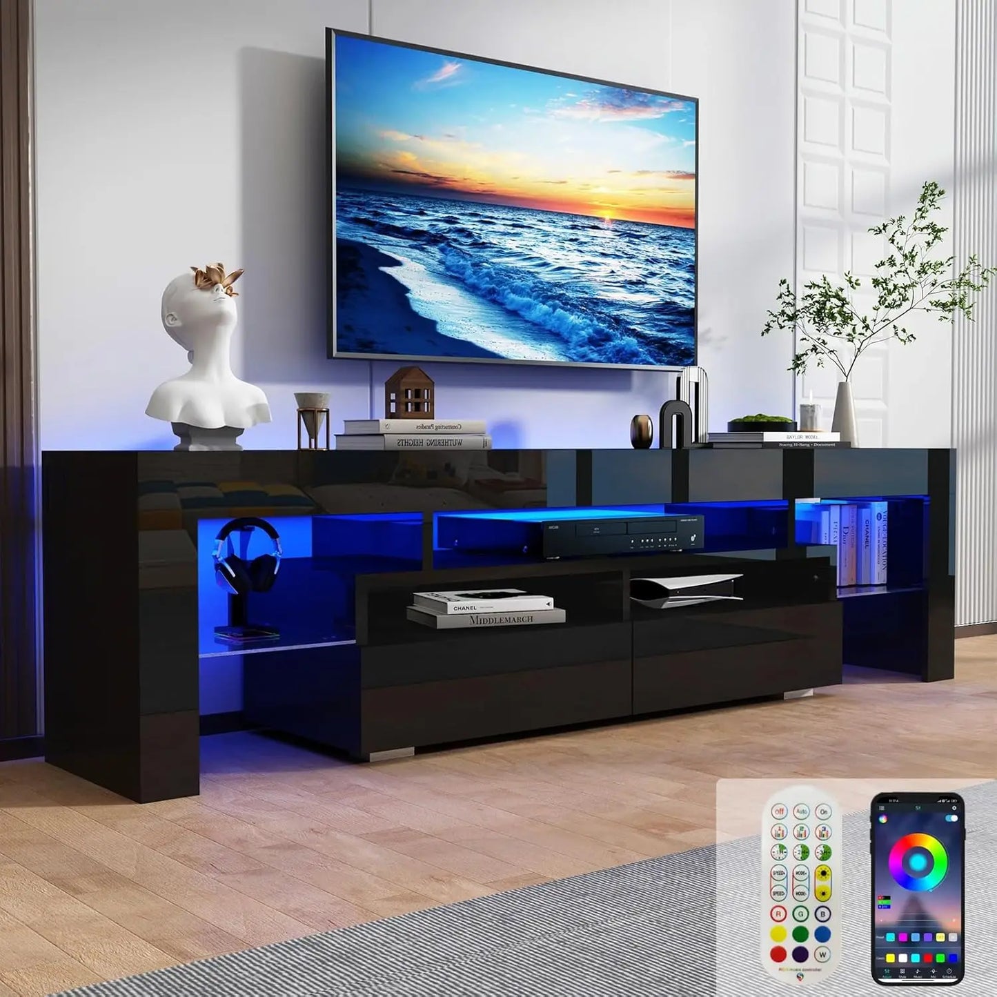 LED TV Stand With High Gloss Finish And RGB Lighting