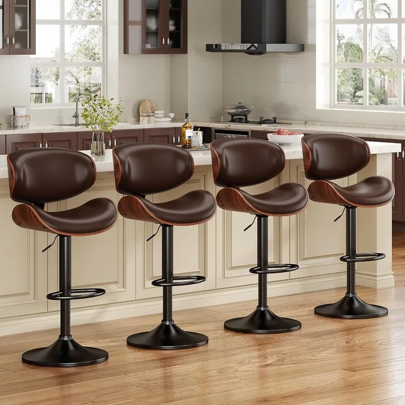 Bar Stools Set Of 3 Bentwood Adjustable PU Leather Swivel