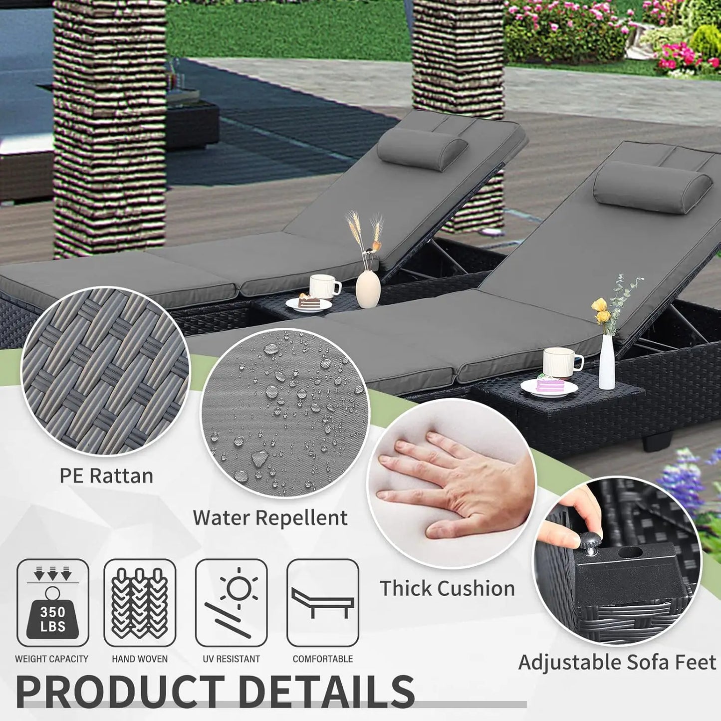 Adjustable Wicker Chaise Lounge Patio Pool Sunbathing Recliner Cushioned