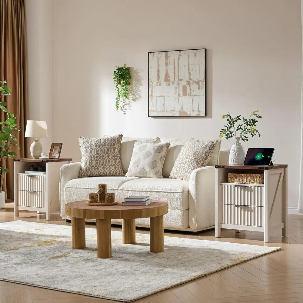 Fluted Nightstand With Charging Station Farmhouse End Table Pair