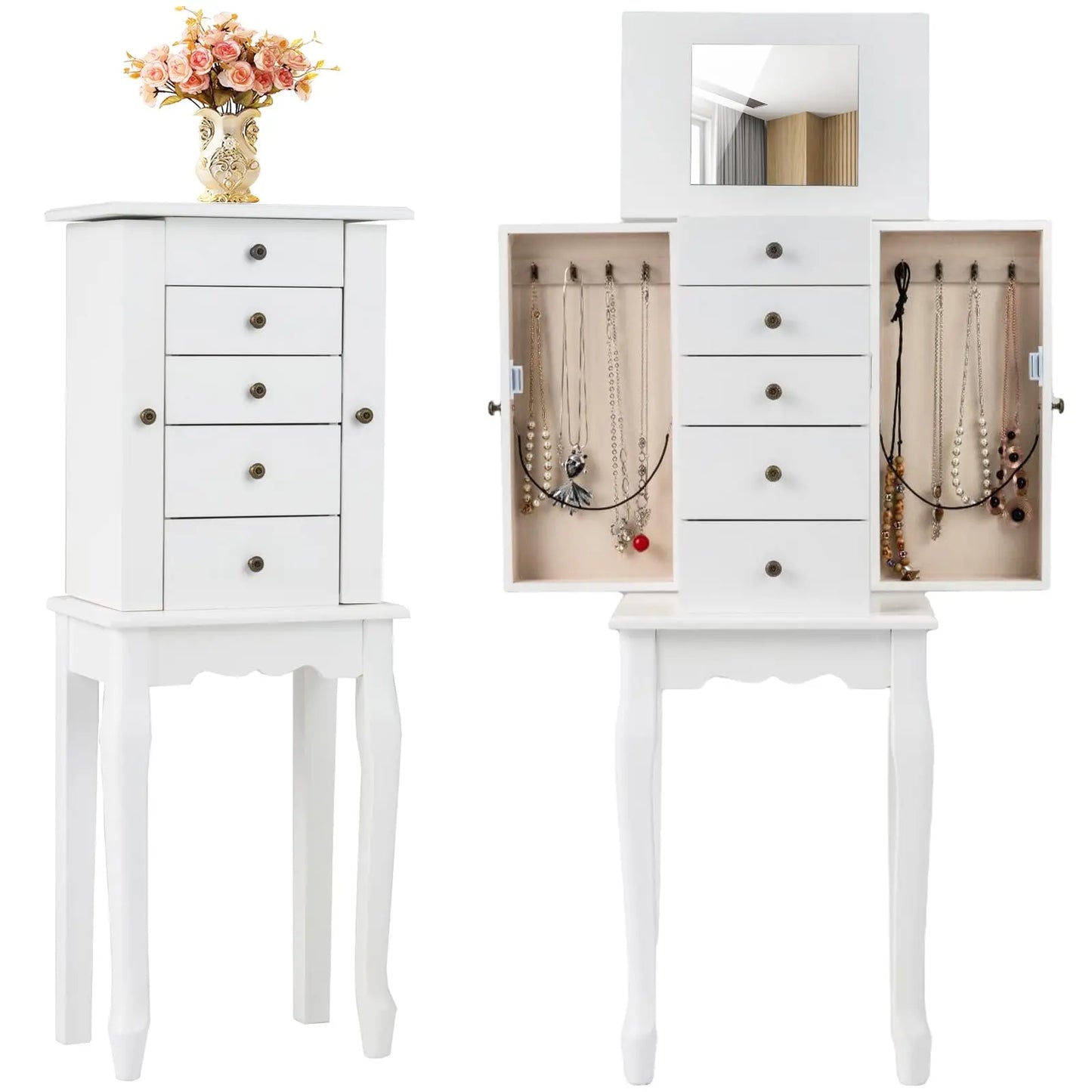 Standing Jewelry Armoire Cabinet With Flip Top Mirror And Drawers