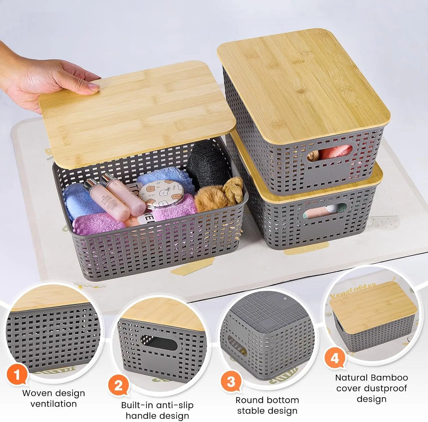 NONECN Bamboo Lid Plastic Storage Baskets Stackable