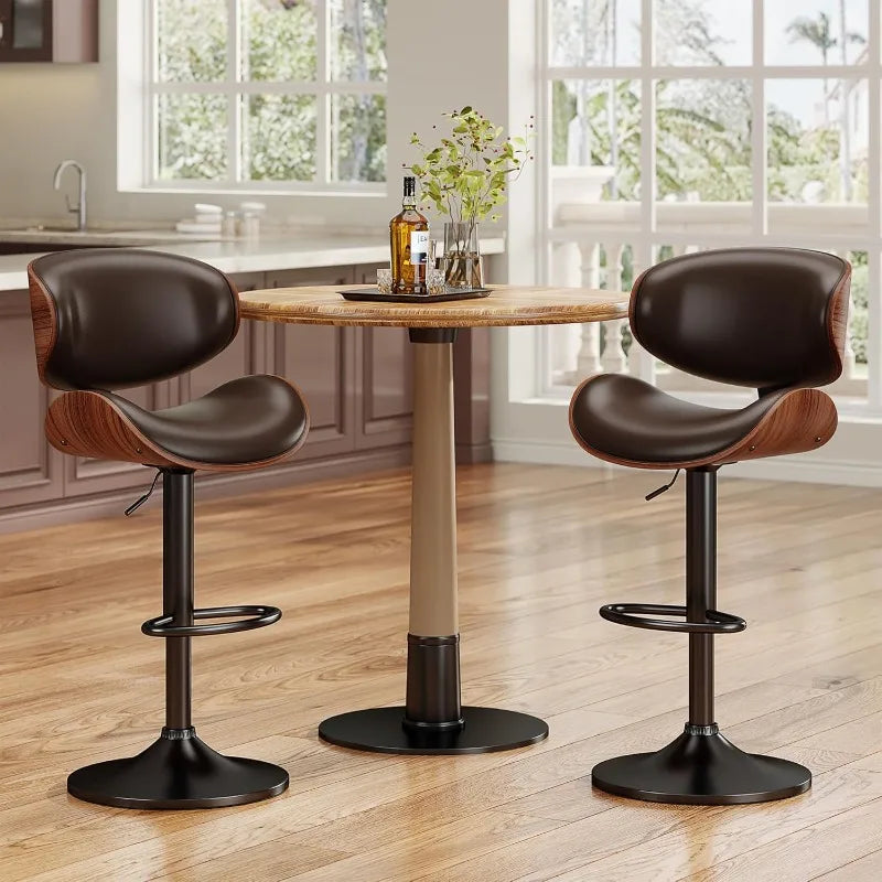 Bar Stools Set Of 3 Bentwood Adjustable PU Leather Swivel