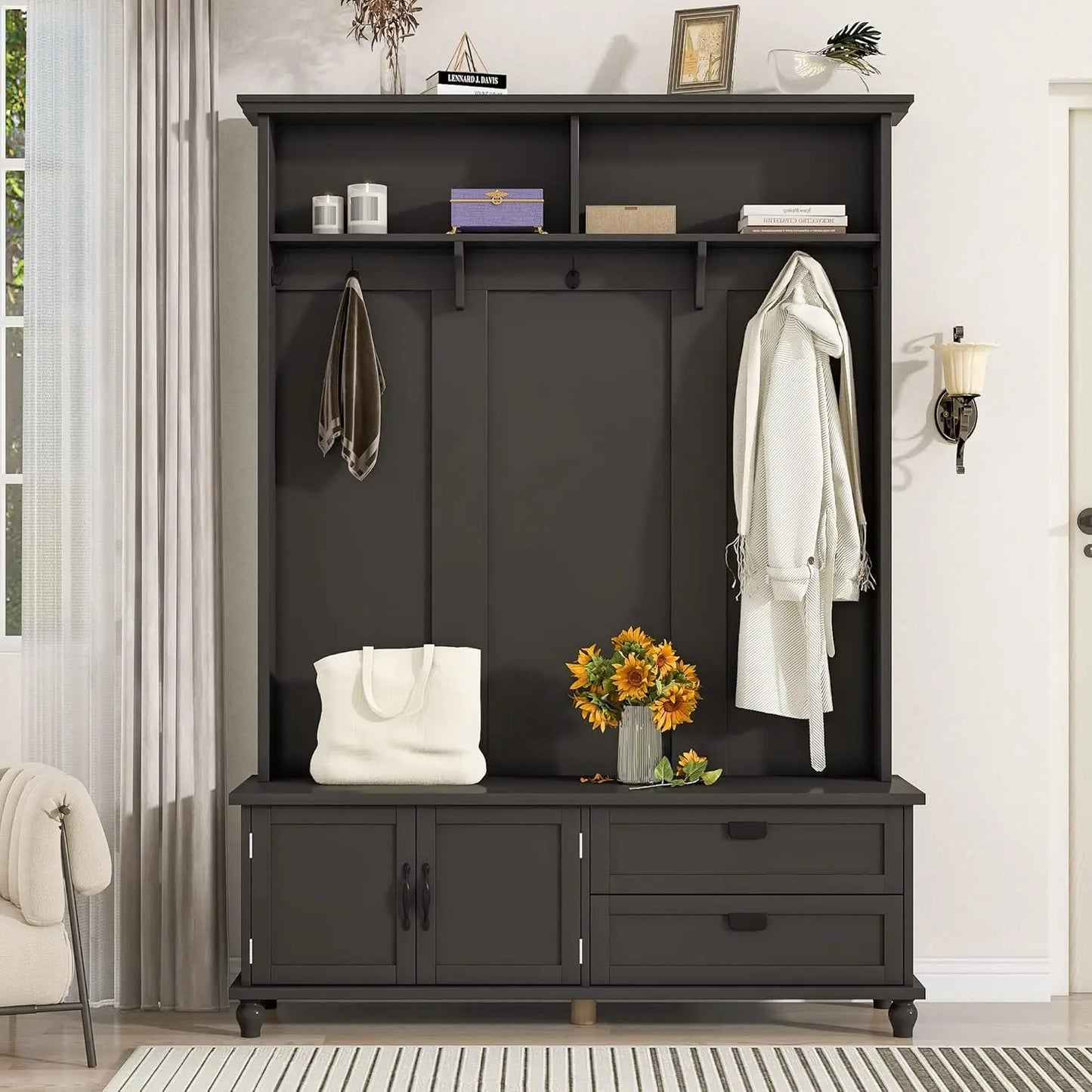 Hall Tree With Hidden Hooks Coat Rack And Shoe Storage