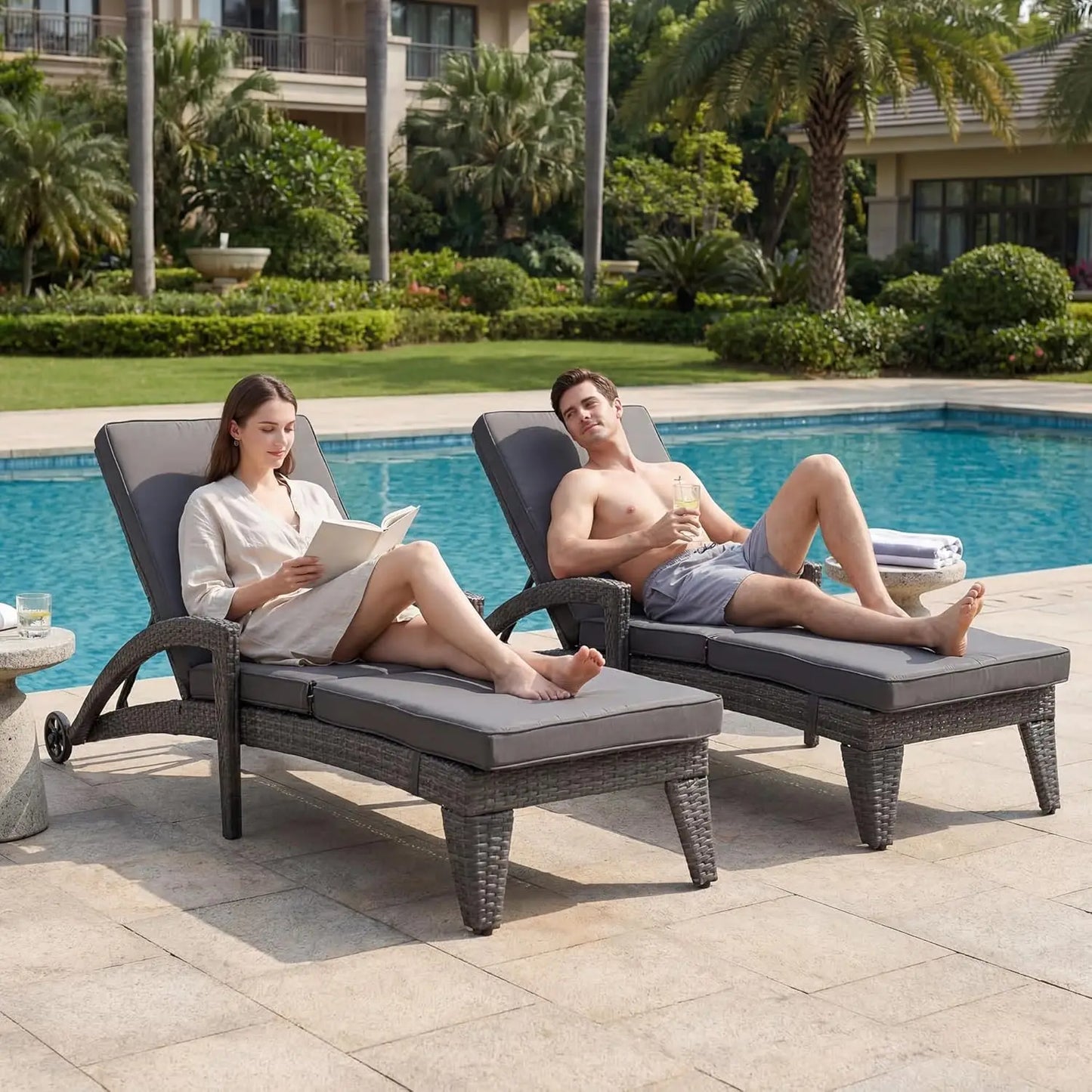 Outdoor Adjustable Wicker Chaise Lounge Set 2 Piece
