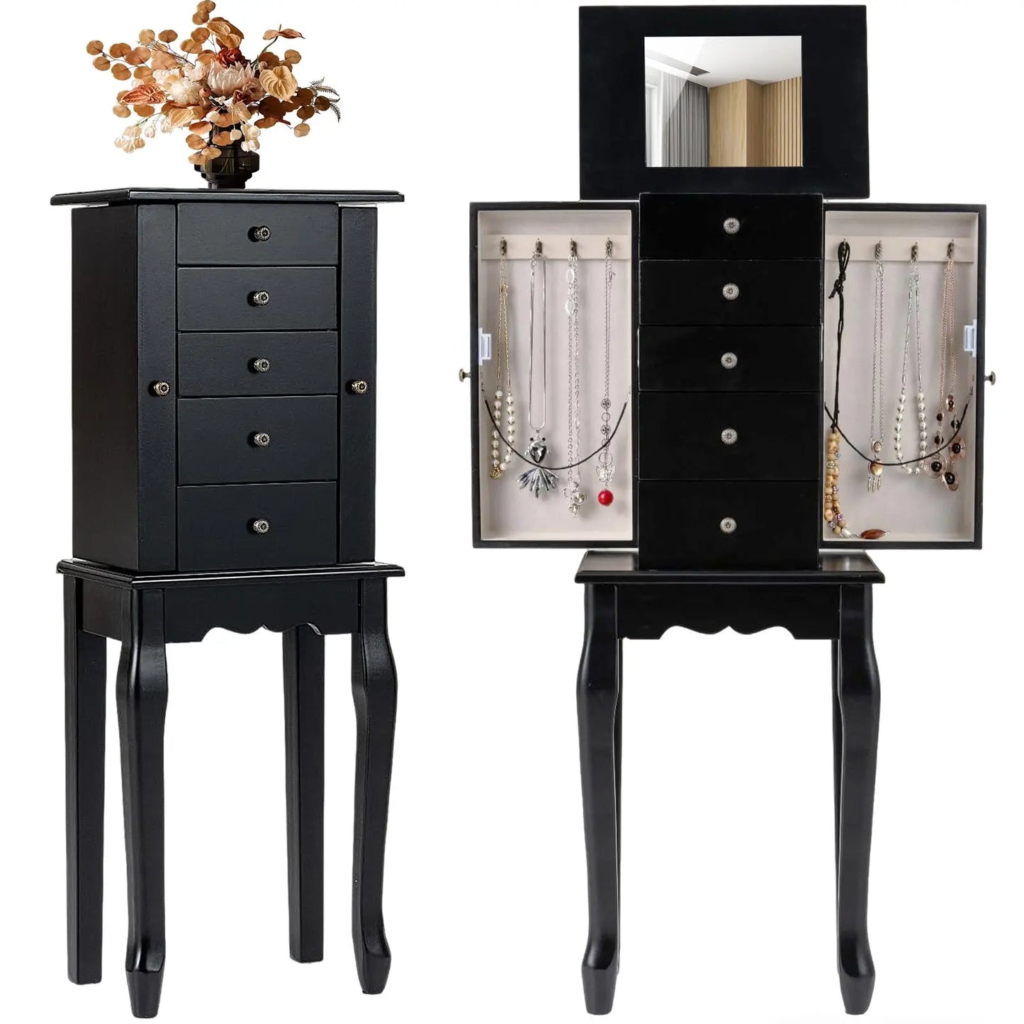 Standing Jewelry Armoire Cabinet With Flip Top Mirror And Drawers
