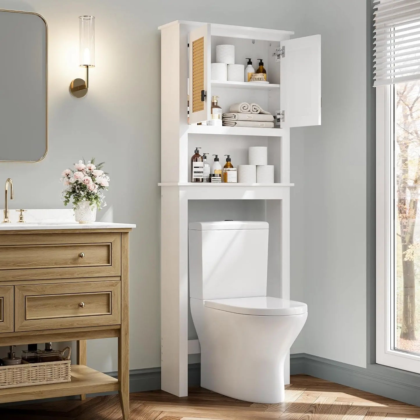 Farmhouse Over Toilet Cabinet With Rattan Doors And Adjustable Shelf