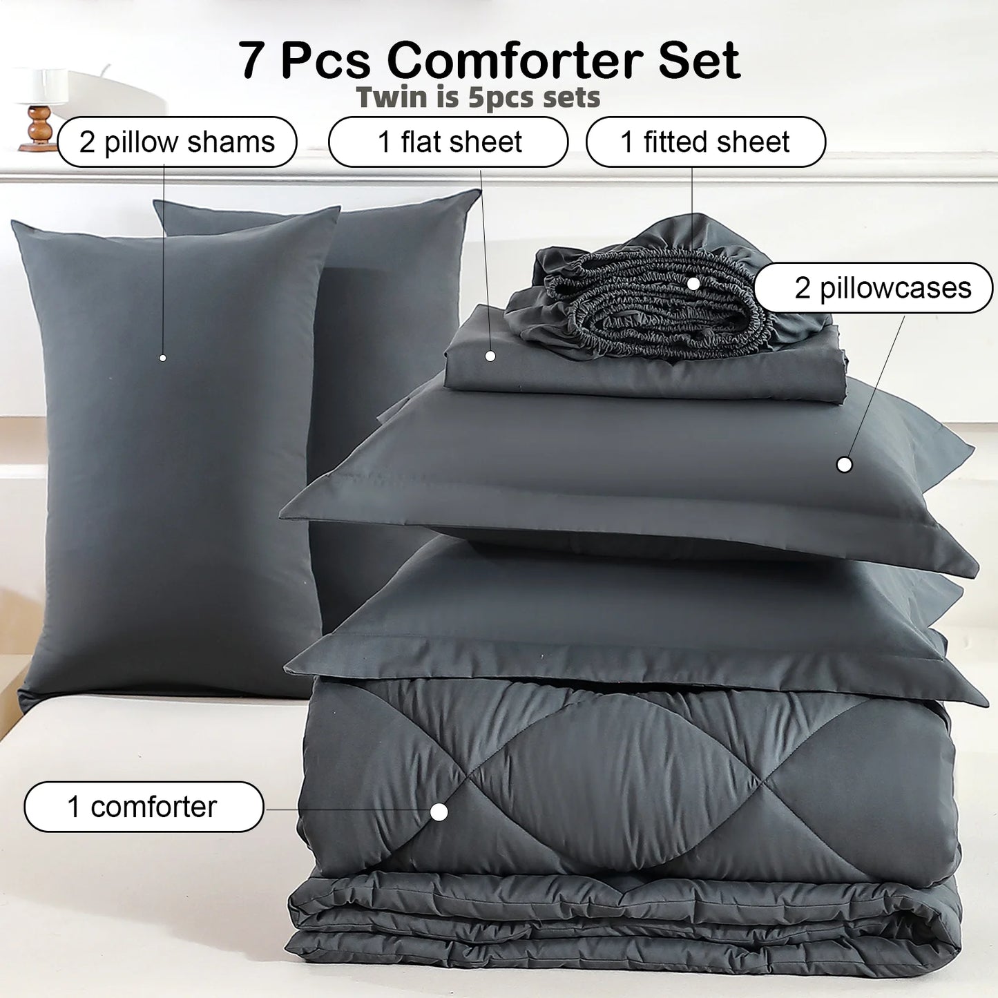 EasYum 7-Piece Bedding Set Comforter Sheet Pillowcases Quilted