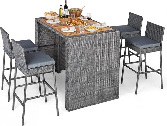 Tangkula 5 Piece Patio Wicker Bar Set With Acacia Wood Table And 4 Rattan Stools