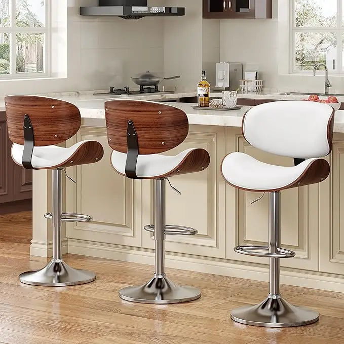 Bar Stools Set Of 3 Bentwood Adjustable PU Leather Swivel