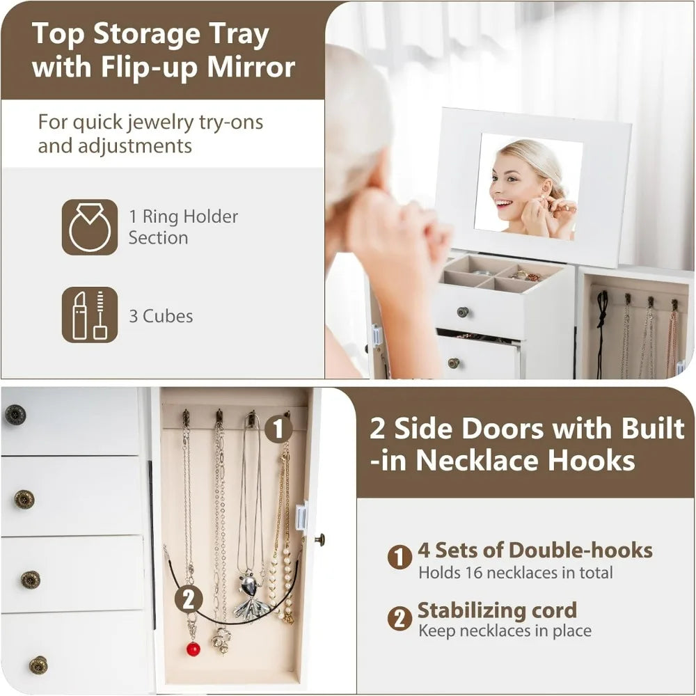 Standing Jewelry Armoire Cabinet With Flip Top Mirror And Drawers