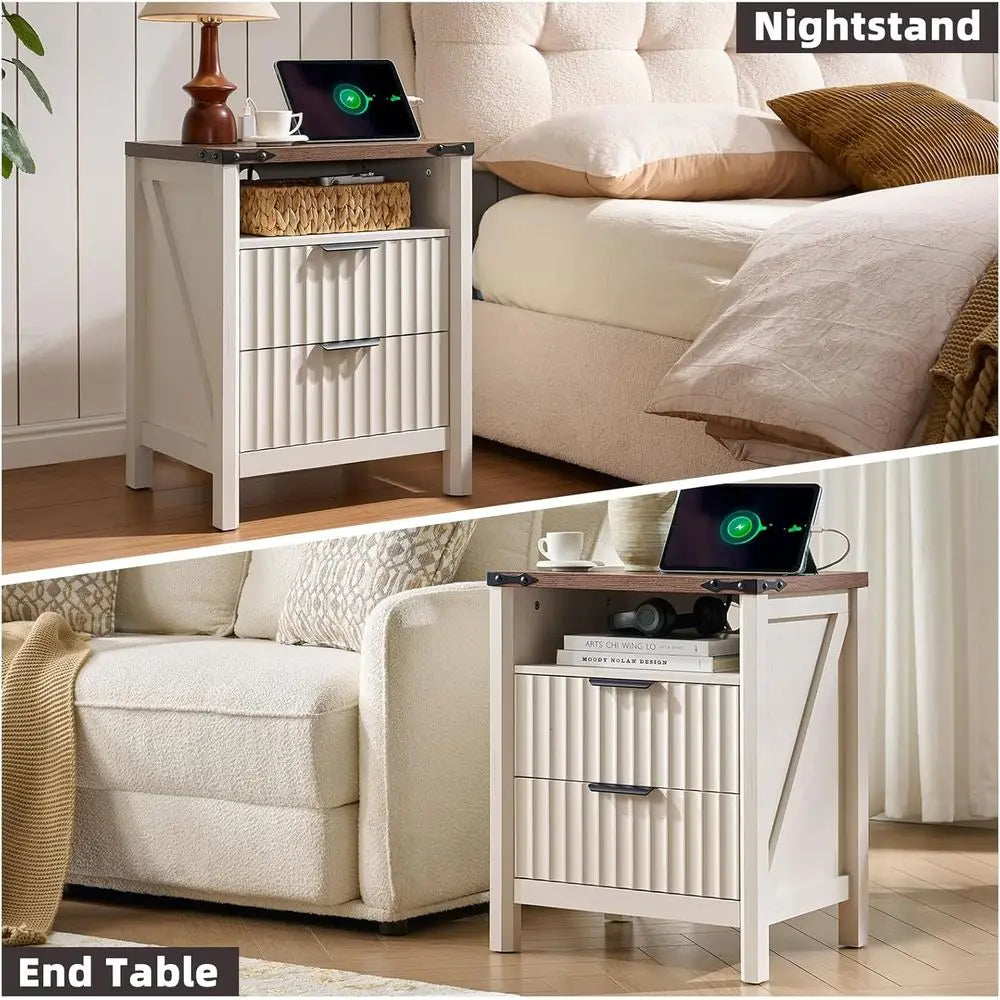 Fluted Nightstand With Charging Station Farmhouse End Table Pair
