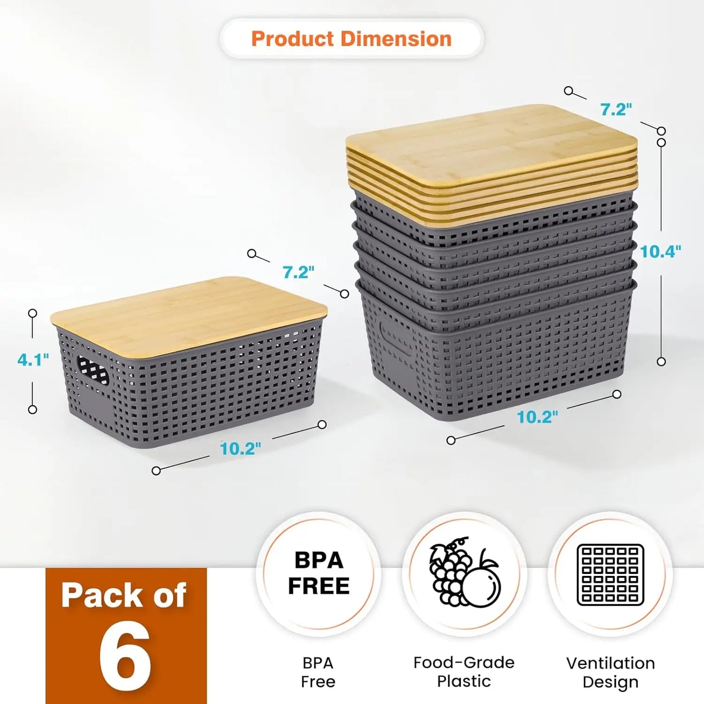NONECN Bamboo Lid Plastic Storage Baskets Stackable