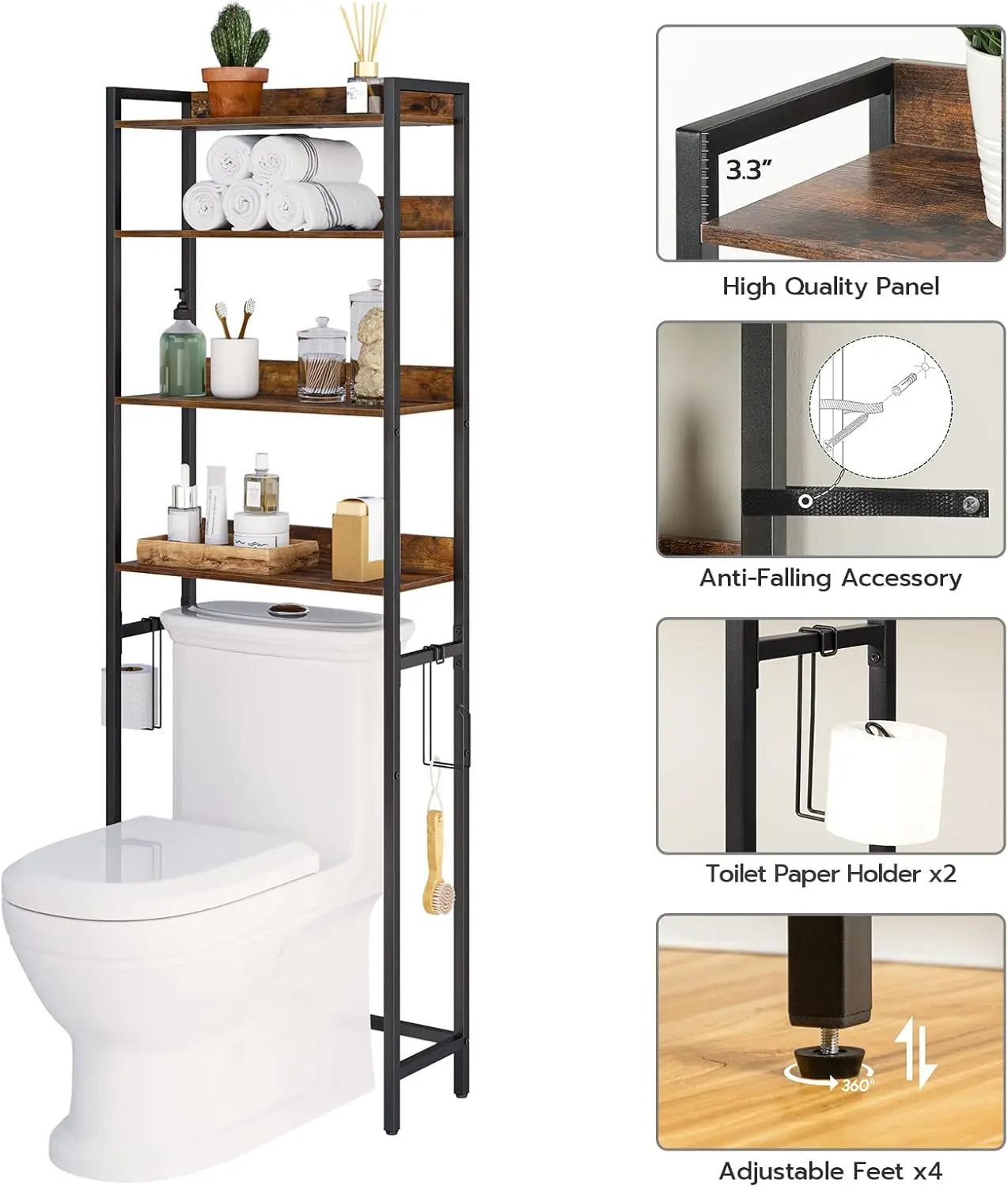 4 Tier Over Toilet Storage Rack With Hooks Bathroom Organizer