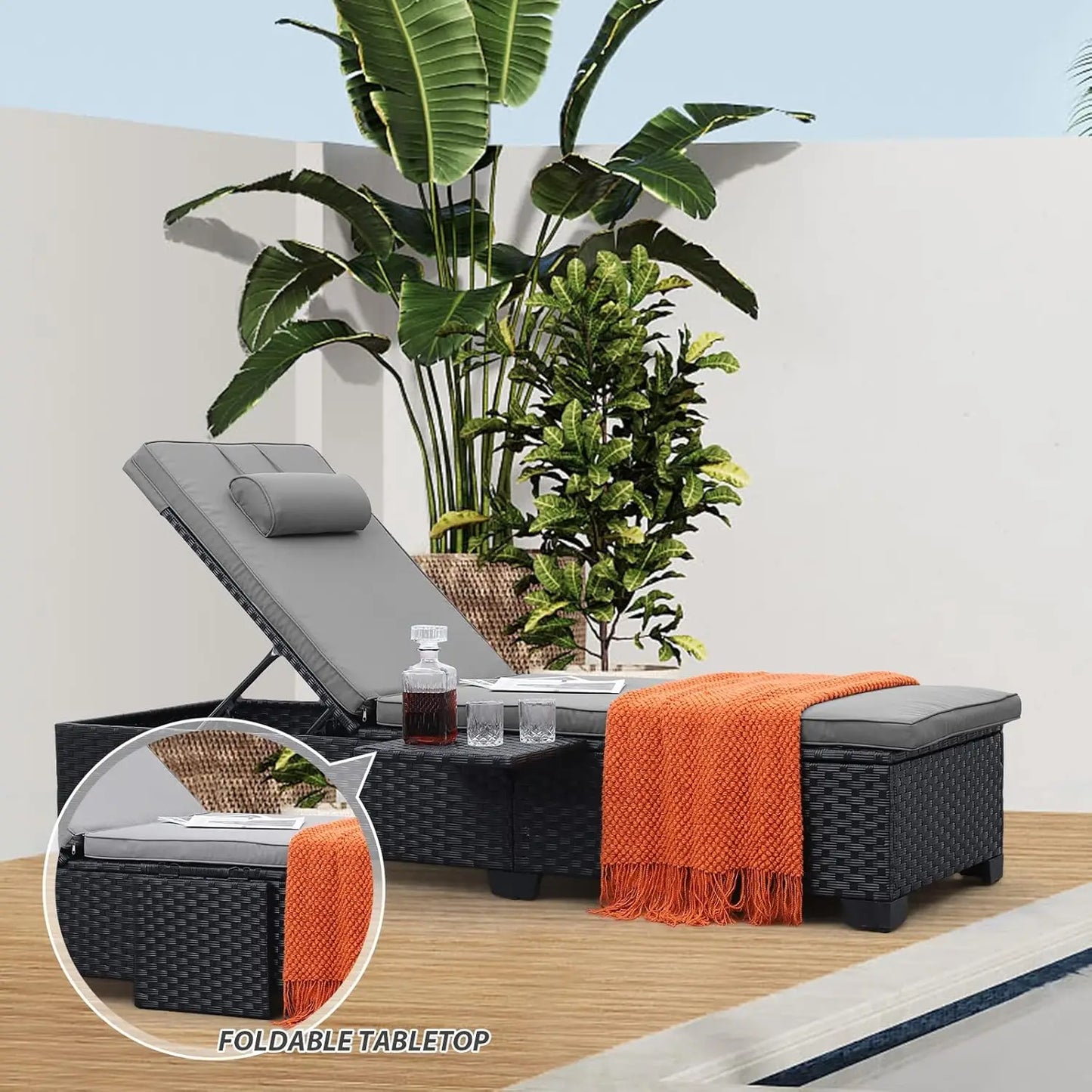 Adjustable Wicker Chaise Lounge Patio Pool Sunbathing Recliner Cushioned