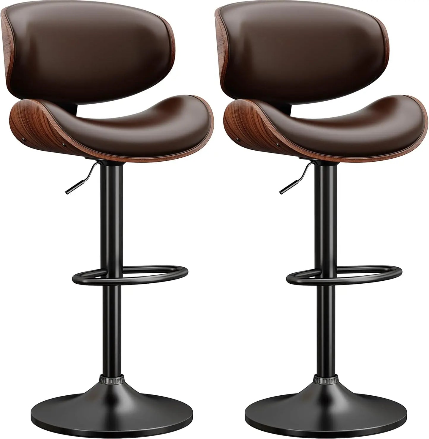 Swivel Bar Stools Set of 2, Adjustable Bentwood PU Leather