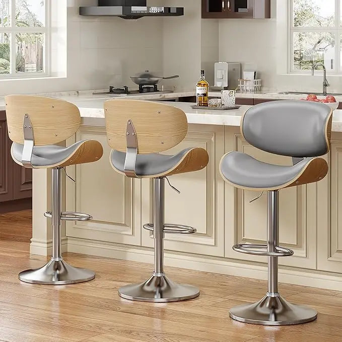 Bar Stools Set Of 3 Bentwood Adjustable PU Leather Swivel