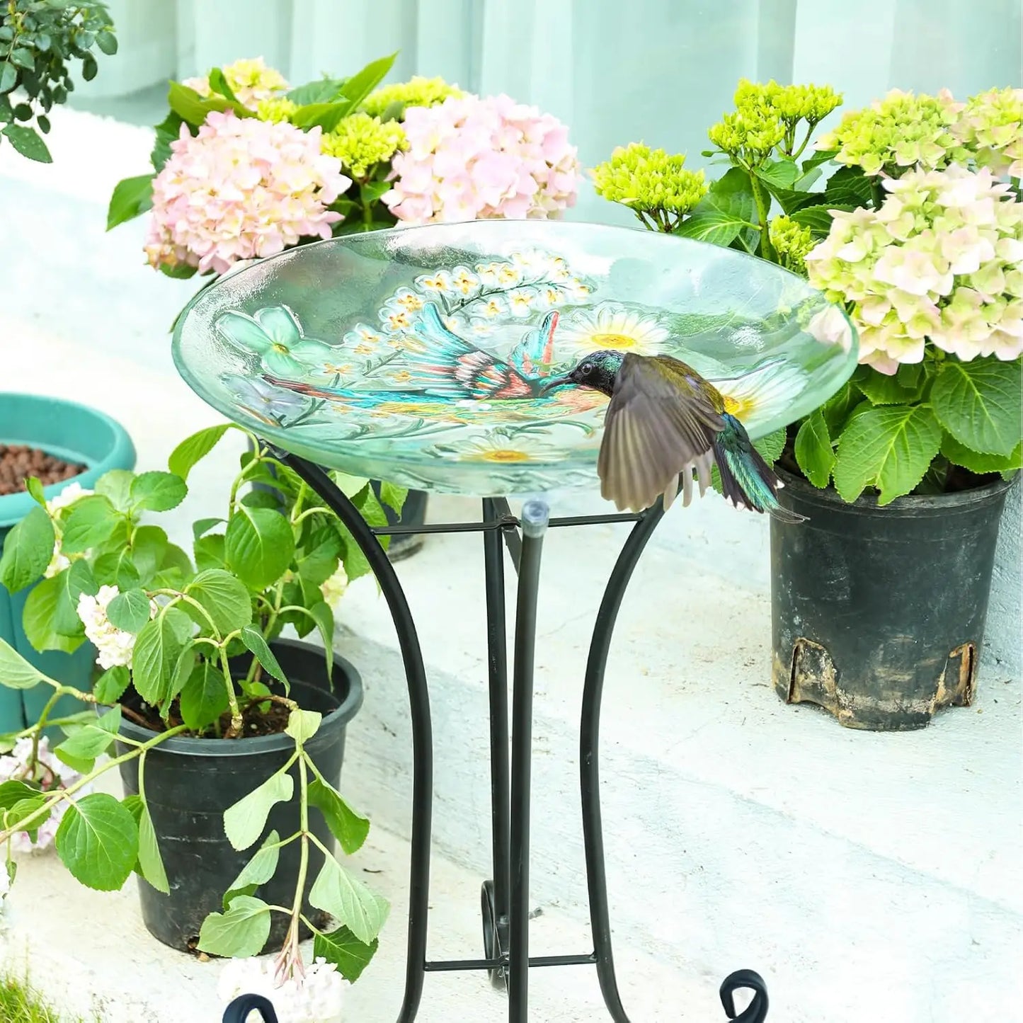 Glass Hummingbird Bird Bath With Metal Stand For Outdoors