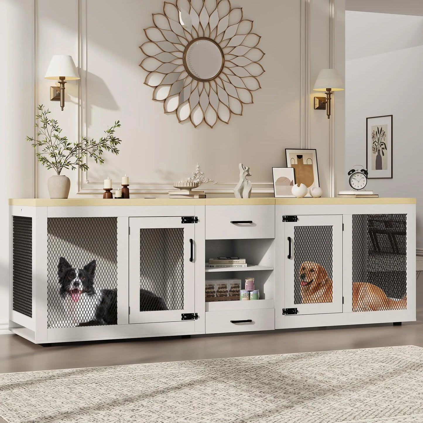 HiMISS Heavy Duty Dual Dog Crate TV Stand Feeding Station
