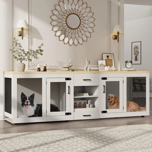 HiMISS Heavy Duty Dual Dog Crate TV Stand Feeding Station
